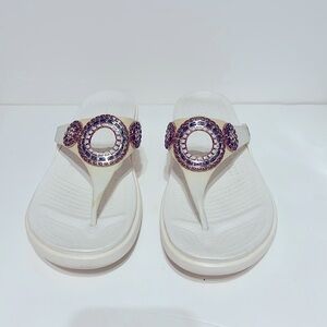 Crocs Sanrah White Thong Wedge Sandals with Gold Mosaic Decoration